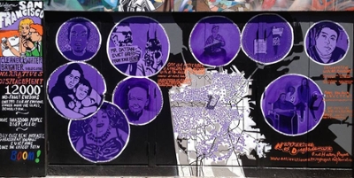 Graffiti map of San Francisco marked with evictions, surrounded by the faces of the displaced